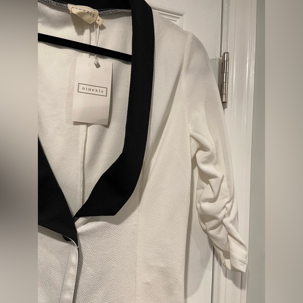 Ninexis White Black Lapel Lightweight Button Ruched 3/4 Sleeve Blazer Size M - Picture 6 of 12